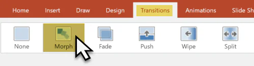 Barra delle transizioni di PowerPoint con il pulsante Morph evidenziato per creare animazioni 3D nei corsi e-learning