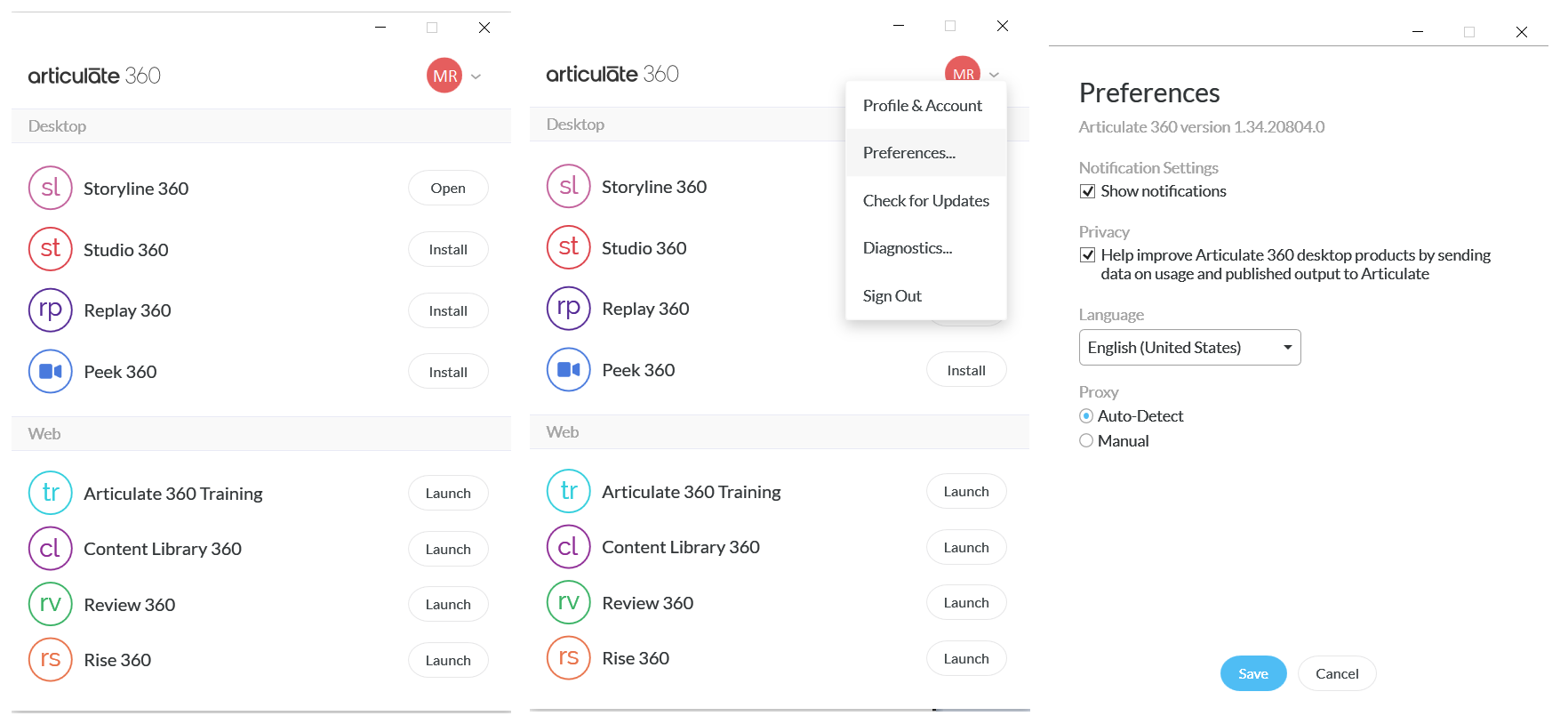 Interfaccia dell’app desktop Articulate 360 con menu preferenze e schermata impostazioni per verificare la versione