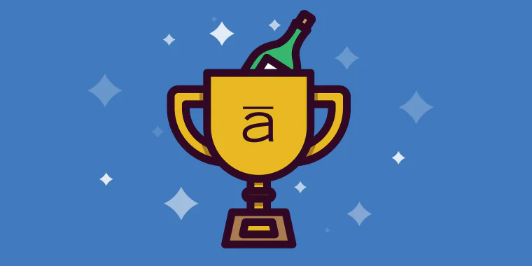 Coppa dorata con bottiglia e simbolo Articulate su sfondo blu per celebrare i premi vinti da Storyline 2