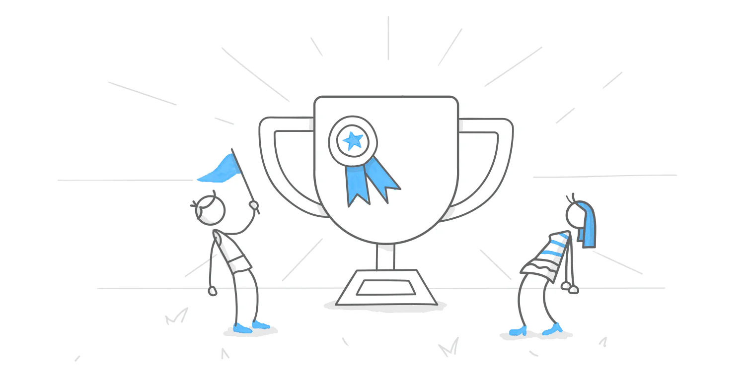 Due personaggi stilizzati festeggiano davanti a un grande trofeo con coccarda blu, simbolo della vittoria di Articulate 360