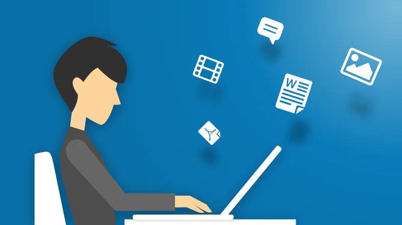 Persona al computer con icone di video, testo, immagini e comunicazione che simboleggiano la creazione di contenuti eLearning