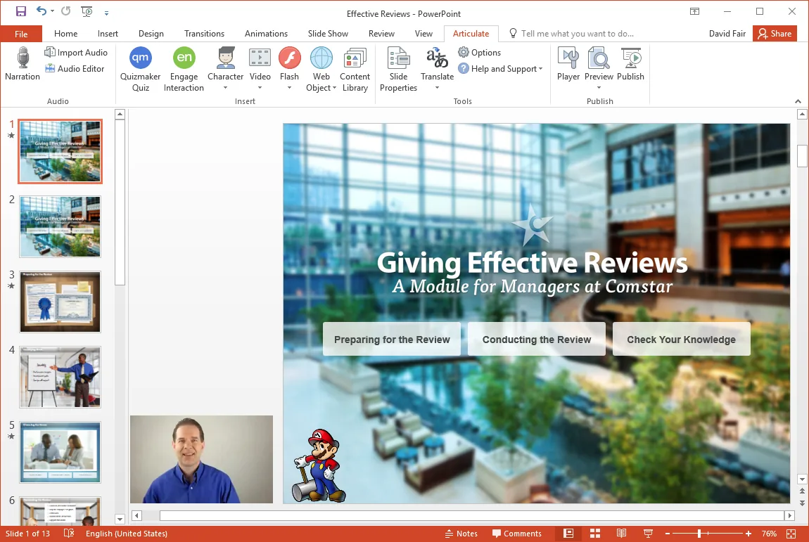 Interfaccia di Presenter 360 con modulo e-learning per manager e opzioni di interazione visibili