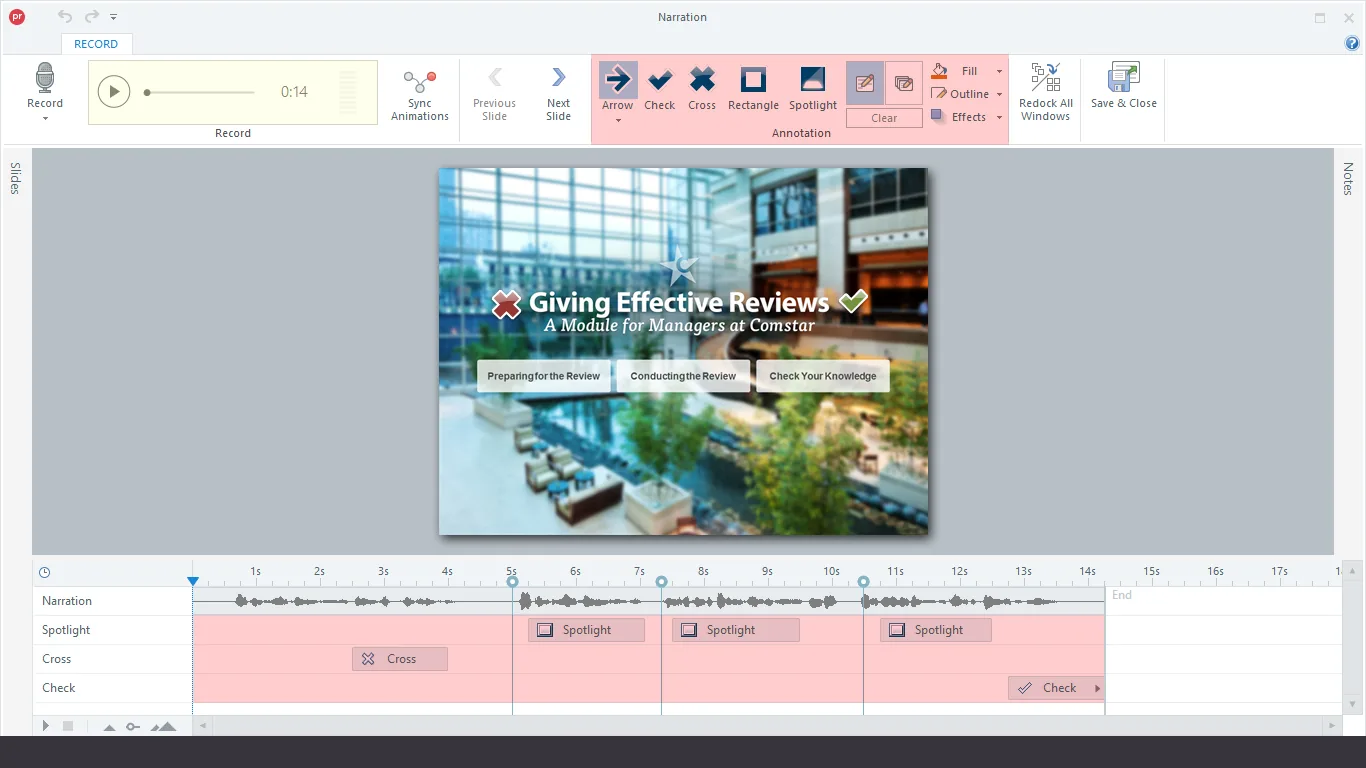 Interfaccia di Presenter 360 con timeline della narrazione e strumenti di annotazione per moduli eLearning