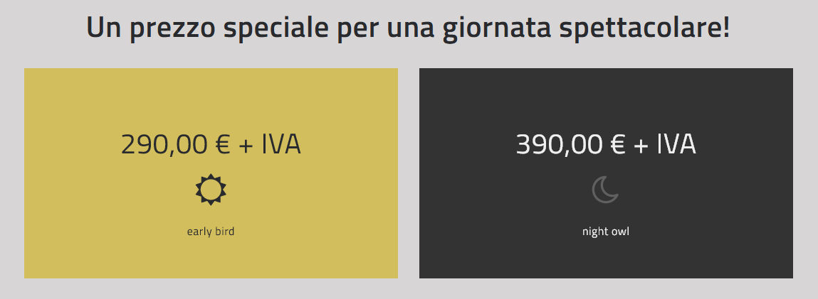 Tabella comparativa dei prezzi early bird e standard per la Learning360 Masterclass a Milano