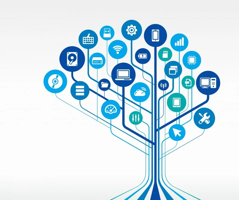 Albero stilizzato composto da icone digitali che rappresentano concetti di tecnologia, apprendimento e connessione