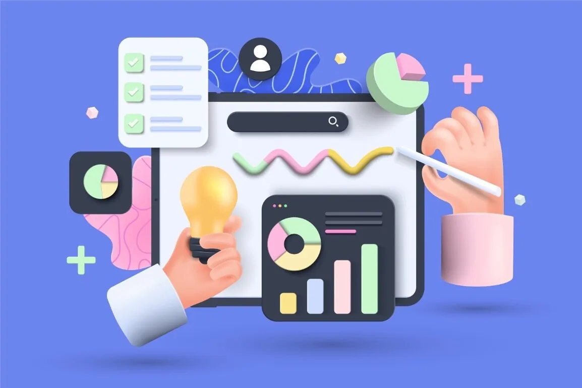 Illustrazione di un processo di design inclusivo con grafici, checklist e mani che collaborano su elementi digitali