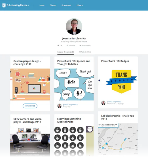 Profilo di Joanna Kurpiewska sulla community E-Learning Heroes con esempi di progetti eLearning condivisi