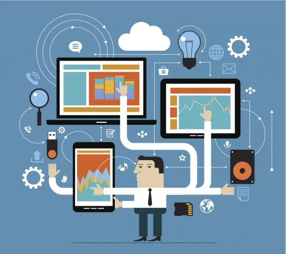 Persona stilizzata gestisce più dispositivi digitali e strumenti, simbolo della complessità nella progettazione e-learning