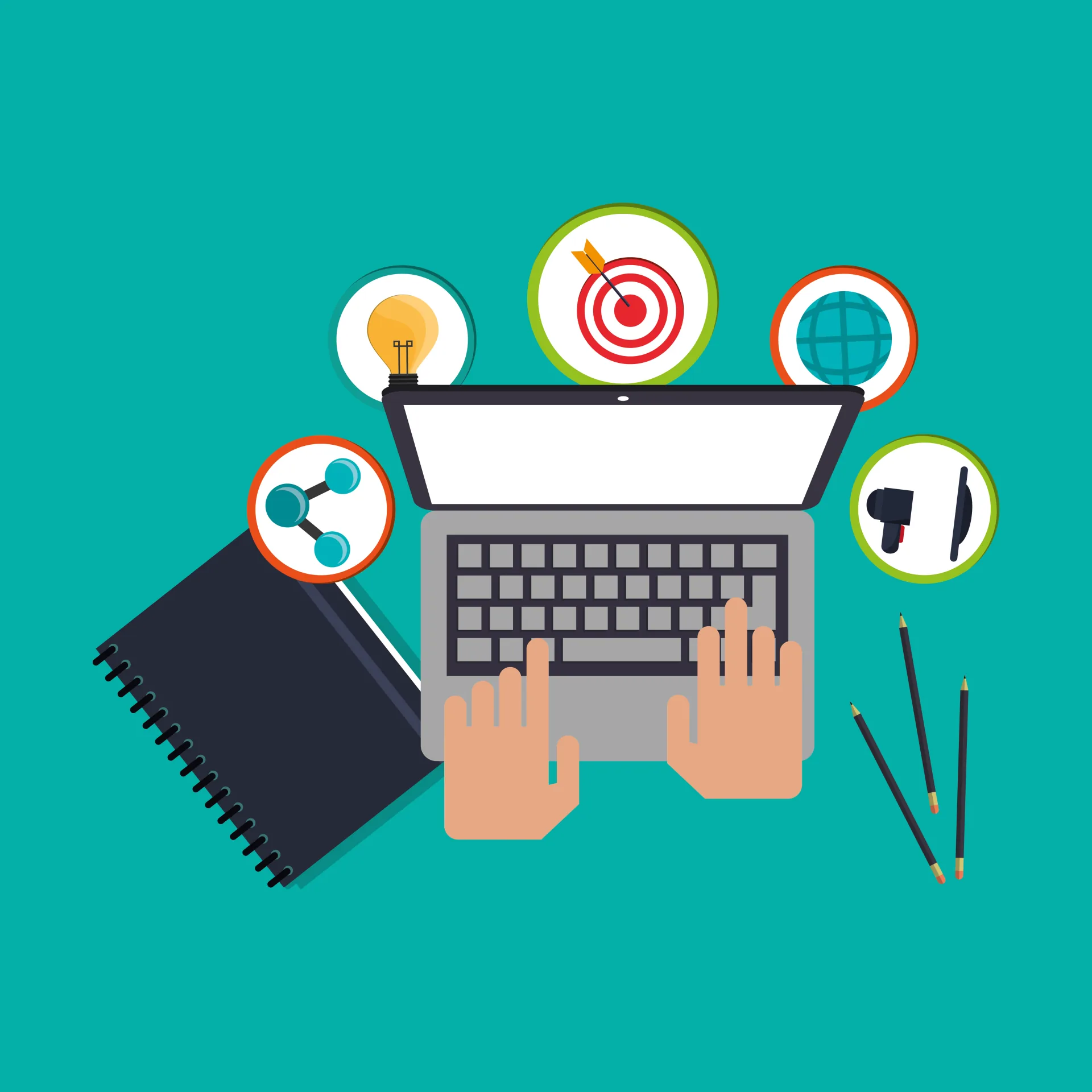 Mani che digitano su un laptop circondate da icone di obiettivi, idee e strumenti digitali per eLearning