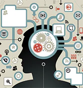 Sagoma di una testa umana con ingranaggi e icone collegate che rappresentano la progettazione di interazioni nell’e-learning