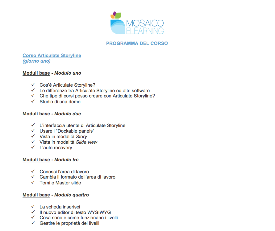 Programma del corso Articulate Storyline con moduli base e argomenti della formazione in aula mista a Roma