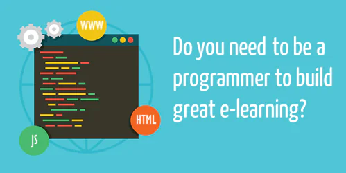 Illustrazione con codice colorato, icone HTML, JS e WWW e domanda sulla programmazione nei corsi eLearning