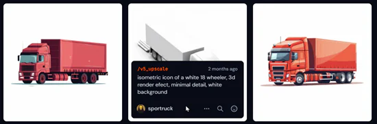 Tre immagini di camion stilizzati generate da IA e un esempio di prompt testuale per la creazione di immagini digitali