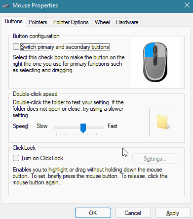 Finestra delle proprietà del mouse in Windows con opzioni per configurare pulsanti, velocità del doppio clic e ClickLock