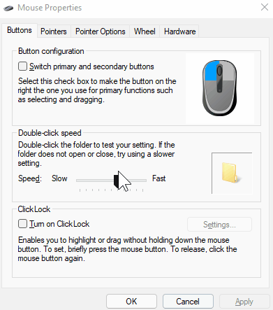 Finestra delle proprietà del mouse in Windows con opzioni per configurare pulsanti, velocità del doppio clic e ClickLock