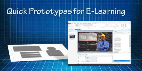 Due esempi di prototipi per e-learning, uno cartaceo stilizzato e uno digitale in Articulate Storyline, su sfondo tecnico blu