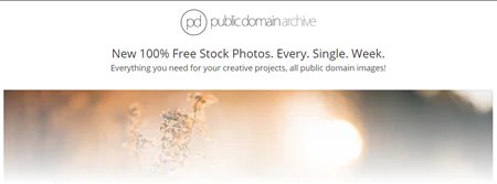 Logo e homepage di Public Domain Archive con testo promozionale e foto sfocata, risorsa di immagini gratuite per e-learning