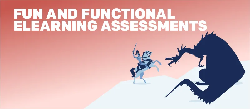 Un cavaliere affronta un drago stilizzato su sfondo sfumato, rappresentando la sfida e il divertimento nei quiz eLearning