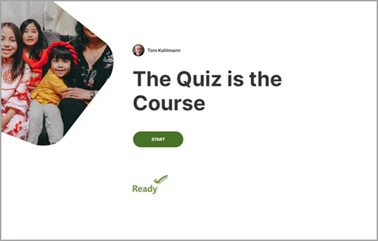 Schermata iniziale di un quiz eLearning con titolo, pulsante start e stato ready, utile per strategie di navigazione