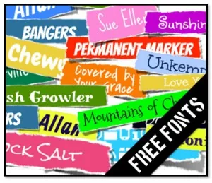 Varie anteprime colorate di nomi di font gratuiti con la scritta free fonts in evidenza, utili per corsi e-learning