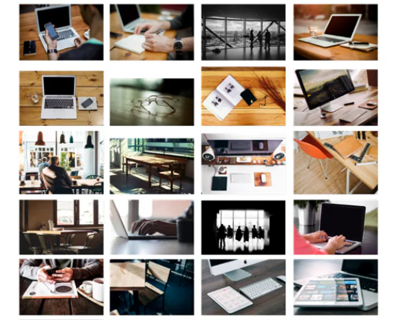 Griglia di fotografie che mostrano scrivanie, computer portatili e ambienti di lavoro ideali per corsi e-learning