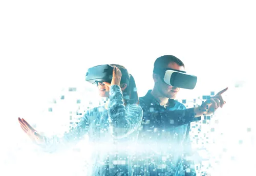 Due persone indossano visori VR immersi in un ambiente digitale astratto per illustrare l’innovazione nell’eLearning