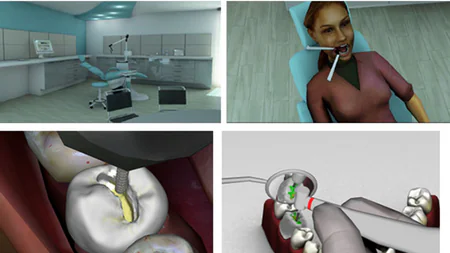 Simulazione di uno studio dentistico in realtà virtuale con scene di interventi odontoiatrici per formazione digitale