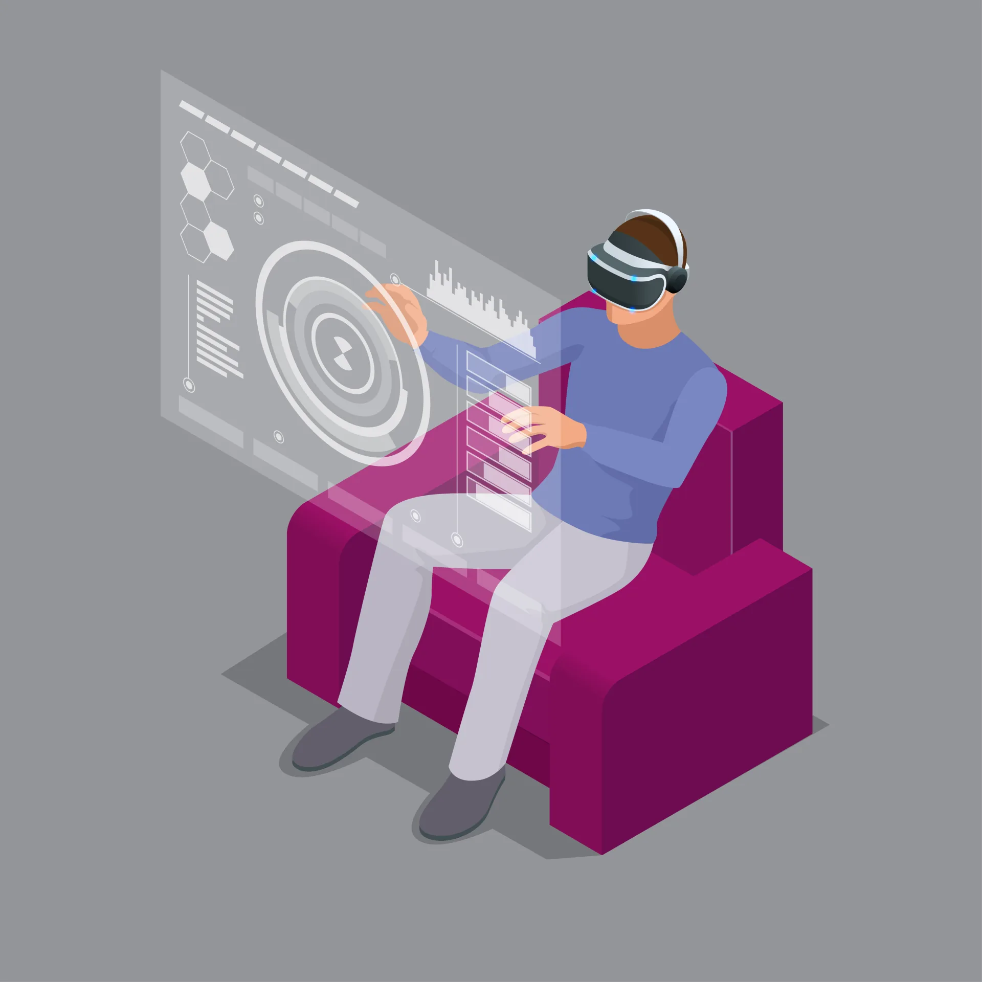 Persona con visore VR seduta su poltrona che interagisce con un’interfaccia digitale trasparente per il training digitale