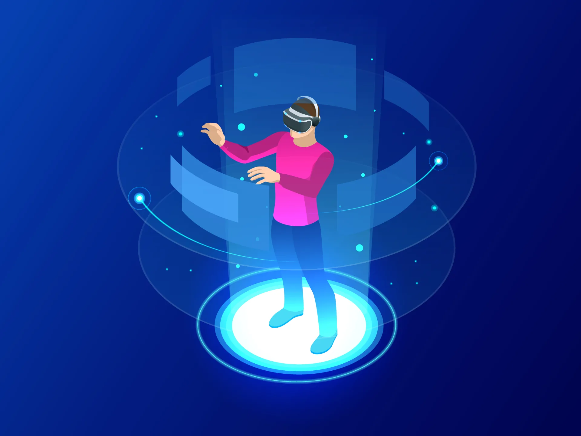 Persona stilizzata con visore VR immersa in ambiente virtuale astratto, simbolo della realtà virtuale nel training digitale