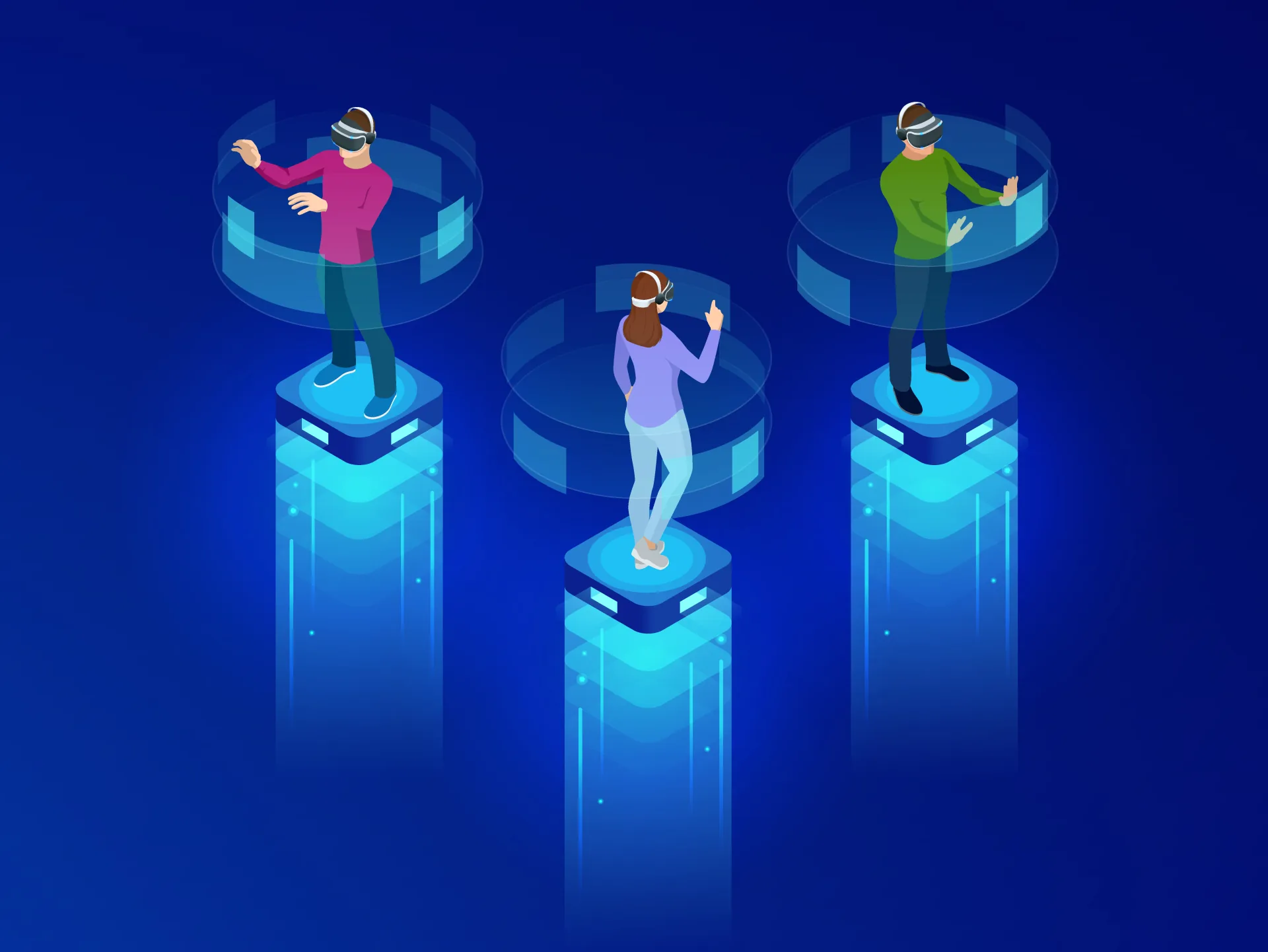 Tre persone con visori VR interagiscono in ambienti virtuali separati su piattaforme luminose in uno spazio digitale