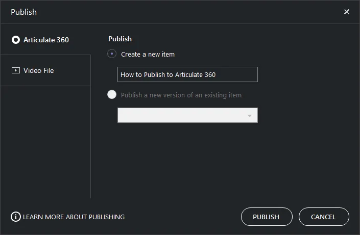 Finestra di pubblicazione di Replay 360 che mostra l’opzione per caricare direttamente su Articulate 360