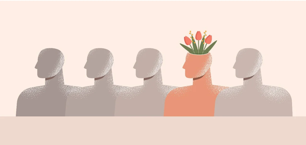 Cinque figure stilizzate, una colorata con fiori che crescono dalla testa per simboleggiare resilienza mentale