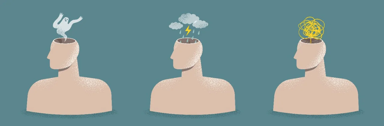 Tre teste stilizzate mostrano paura, stress e confusione per rappresentare la resilienza mentale nel digital learning