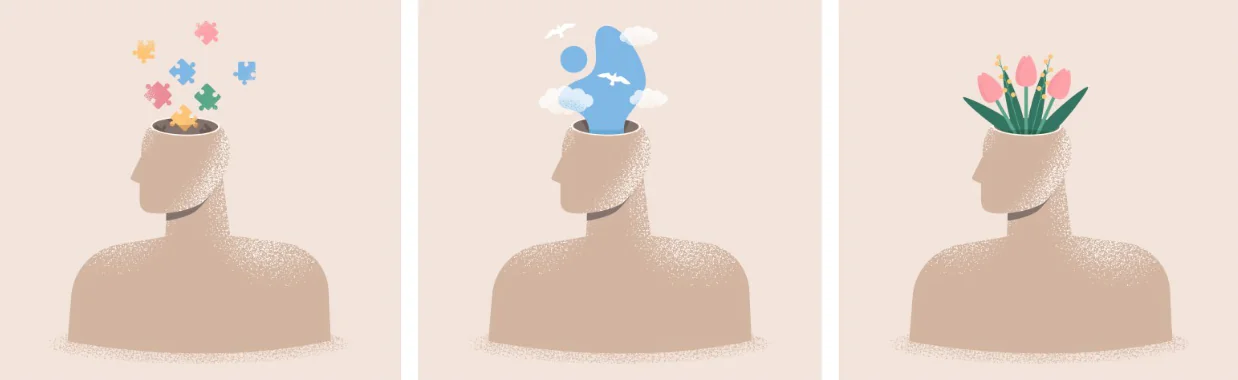 Tre illustrazioni mostrano il passaggio dalla confusione mentale al benessere psicologico nell’apprendimento digitale