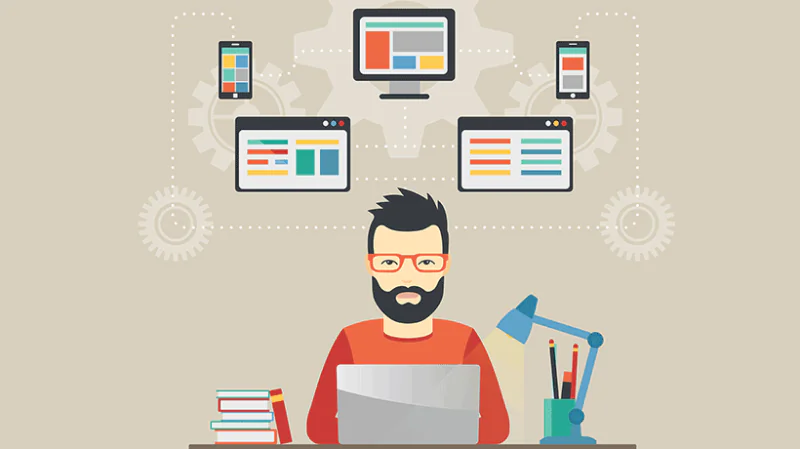 Uomo al computer con dispositivi mobili e desktop che mostrano layout adattivi per il responsive design nei corsi online