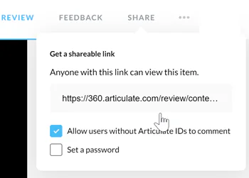 Finestra di Review 360 con opzioni per ottenere un link condivisibile e permettere commenti a una presentazione Rise 360