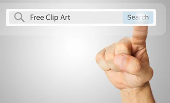 Una mano indica una barra di ricerca con la scritta Free Clip Art, simbolo della ricerca di illustrazioni gratuite online