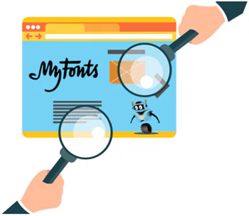 Due mani con lenti d’ingrandimento analizzano una pagina web con la scritta MyFonts per trovare font e immagini