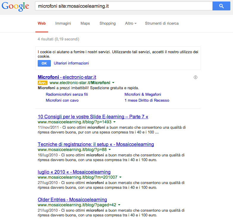 Risultati di una ricerca Google con operatore site per trovare articoli sui microfoni nel sito mosaicoelearning.it