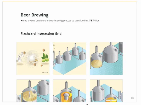 Griglia interattiva di flashcard su processo di produzione della birra creata in Rise per e-learning interattivo