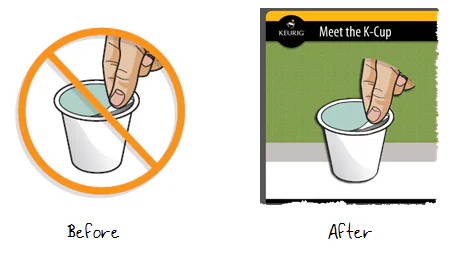 Confronto tra un’illustrazione originale e una versione adattata per un corso eLearning con mano e bicchierino