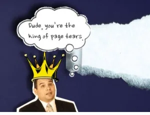 Uomo con corona stilizzata e nuvoletta accanto a uno strappo di pagina, esempio di riutilizzo creativo di template PowerPoint