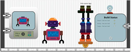 Interfaccia di un corso eLearning con robot stilizzato e pannello di selezione componenti
