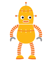 Robot stilizzato arancione con espressione amichevole usato come esempio di personaggio in un corso e-learning