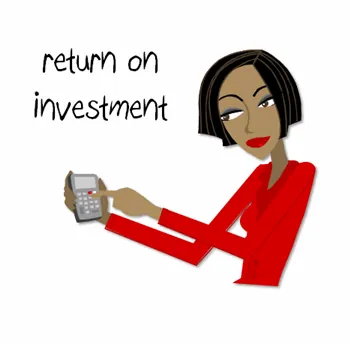 Donna stilizzata con calcolatrice e testo return on investment per illustrare il concetto di ROI nella formazione aziendale