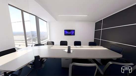 Sala riunioni moderna generata con intelligenza artificiale in visualizzazione 360 gradi, usata per e-learning interattivo