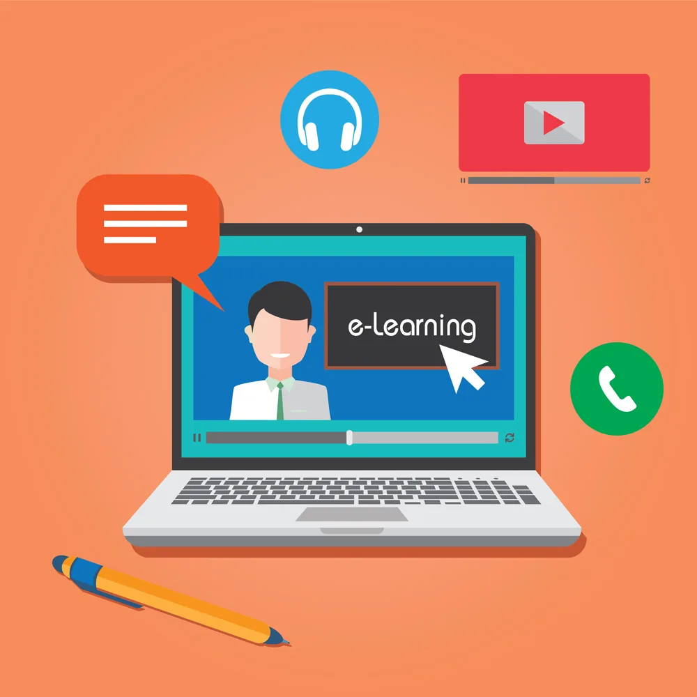 Laptop con schermata e-learning, icone di comunicazione e strumenti digitali su sfondo arancione