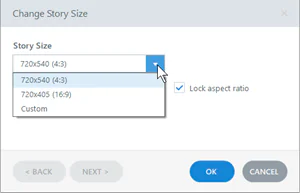 Finestra di dialogo per selezionare le dimensioni e il rapporto d’aspetto di un corso in Articulate Storyline