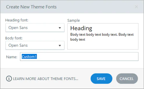 Finestra di selezione dei font del tema in un software di authoring e-learning con opzioni per intestazione e corpo testo