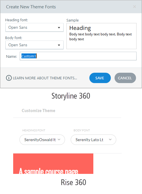 Interfacce di Storyline 360 e Rise 360 che mostrano la selezione dei font per titoli e corpo nei template e-learning